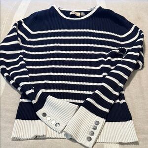 Elie Tahari Navy and White Striped Crew Neck Sweater